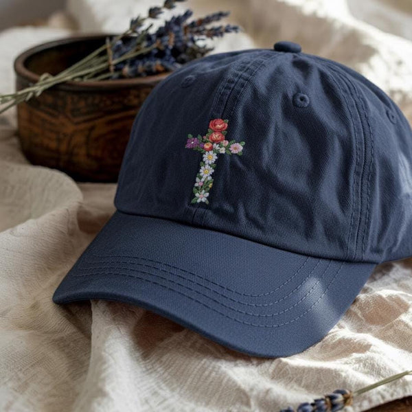 Floral Cross Embroidered Cotton Hat, Custom Christian Gift