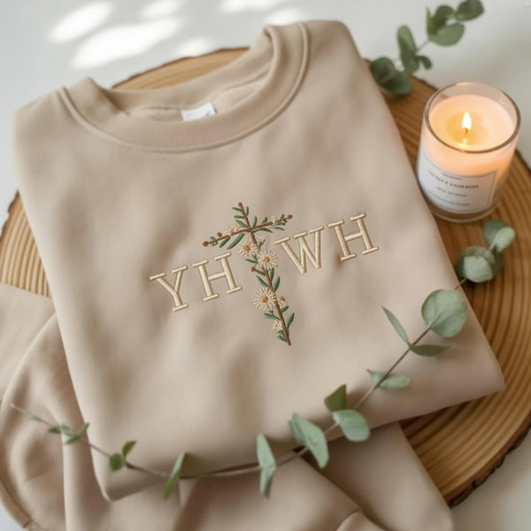 Embroidered YHWH Floral Cross Sweatshirt, Christian Hebrew God Name Faith Crewneck