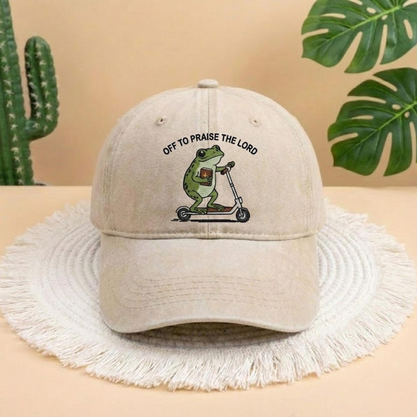 Off To Praise The Lord Frog Embroidered Hat, Funny Religious Cap, Cute Frog On Scooter Apparel, Vintage Baseball Hat, Christian Gift