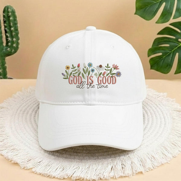 God Is Good All The Time Embroidered Baseball Cap, Aesthetic White Floral Faith Hat, Trendy Christian Gift For Her, Religious Garden Sun Hat