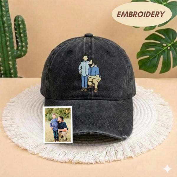 Custom Photo Embroidered Dad Hat, Embroidered Portrait Dad And Child Cap, Personalized Gift for Father’s Day, Unique Photo Birthday Hat