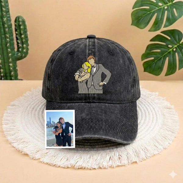 Custom Couple Embroidered Hat, Personalized Anniversary Date Cap, Gift For Her, Embroidery Portrait Hat, Gift for Boyfriend, Valentine Gift