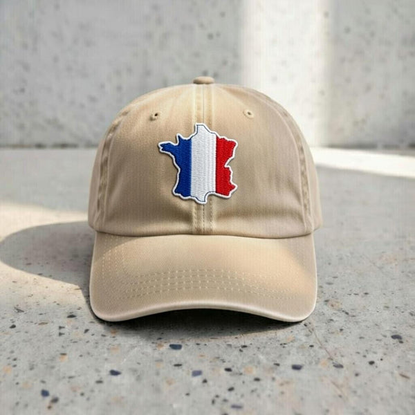 Embroidered France Flag Dad Hat, Beige French Map Patch Cap