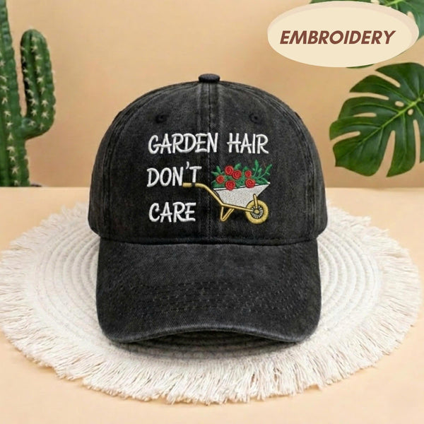 Garden Hair Don't Care Embroidered Hat, Funny Gardening Gift Cap, Floral Wheelbarrow Headwear, Vintage Black Gardener Accessory, Hobby Hat
