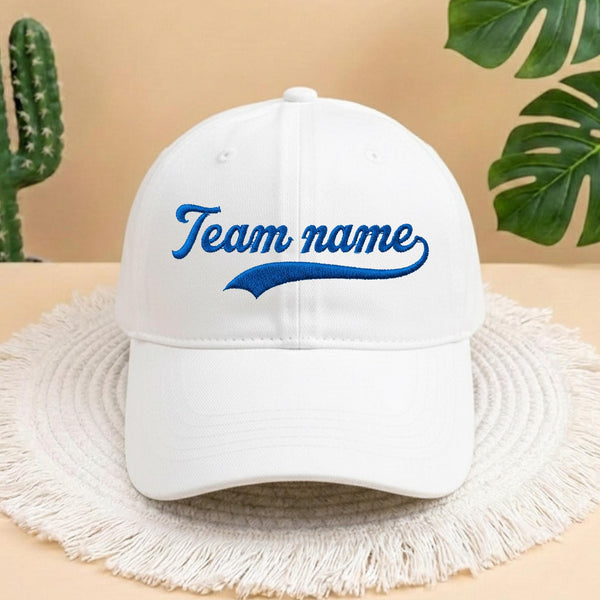 Custom Team Name Embroidered Baseball Cap, Personalized Script Text Hat, Sporty Team Spirit Gift, Baseball Team Cap, Baseball Gift