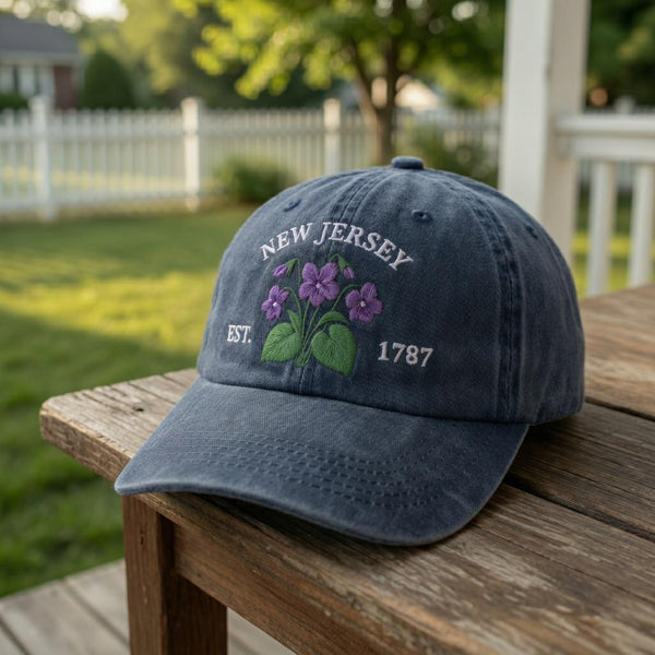New Jersey Violet Flower Embroidered Hat, Purple Floral Baseball Cap, Garden State Travel Gift