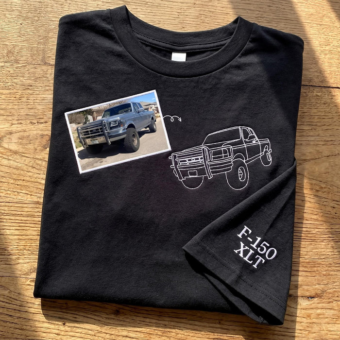 Custom Truck Line Art Embroidered T-shirt, Personalized Car Photo Vehicle Portrait Tee