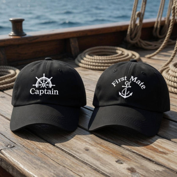 Matching Captain and First Mate Embroidered Hats, Nautical Couple Baseball Caps, Boating Gift