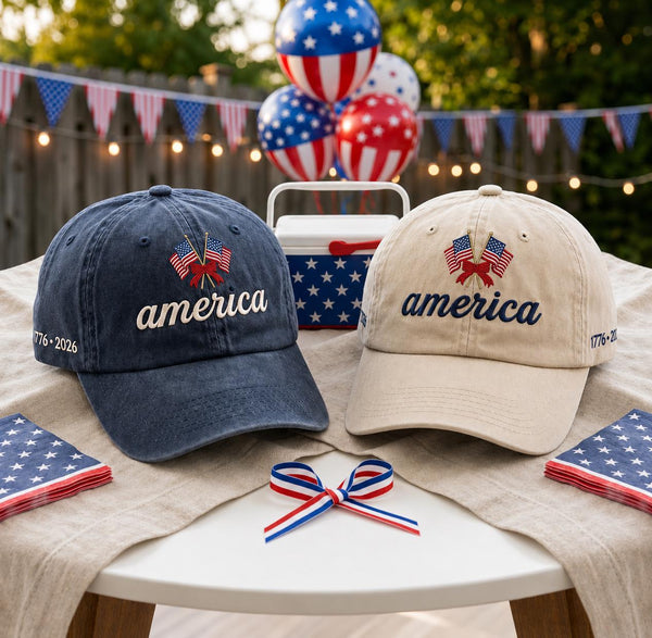 1776-2026 American Anniversary Embroidered Hat, Vintage Washed Patriotic Baseball Cap