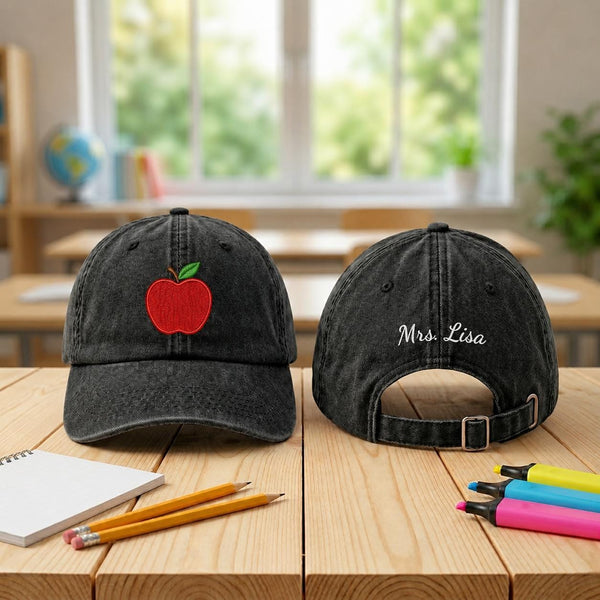 Custom Name Apple Embroidered Hat, Personalized Teacher Baseball Cap