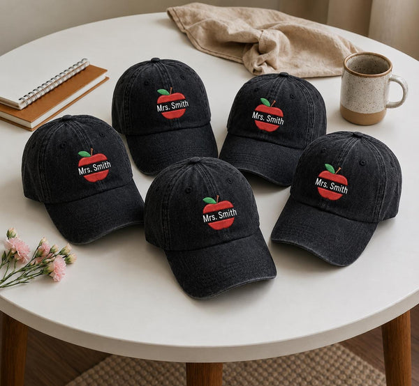 Personalized Apple Teacher Embroidered Hat, School Staff Matching Cap