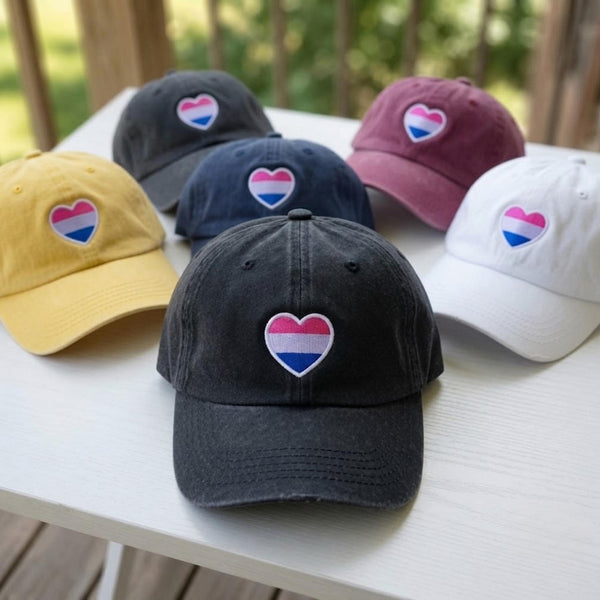 Bisexual Heart Embroidered Hat, Subtle Bi Flag Color Patch Baseball Cap, Cute LGBTQ Pride Dad Hat, Washed Cotton Heart Caps Gift Set