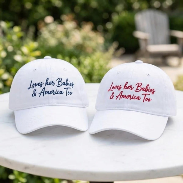Loves Her Babies & America Too Embroidered Hat, Patriotic Mom Baseball Cap, USA Mama Gift, Fourth Of July Holiday Family Matching Cap