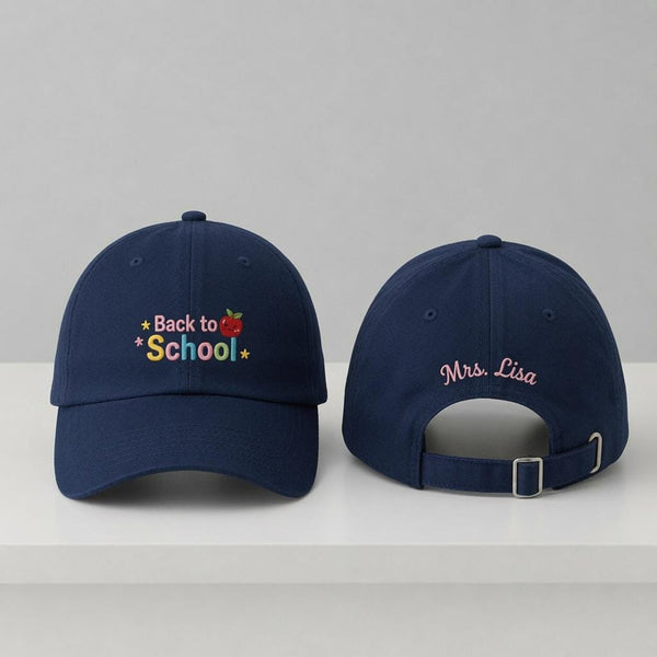 Back to School Embroidered Hat, Custom Teacher Name Baseball Cap, Apple Design Gift