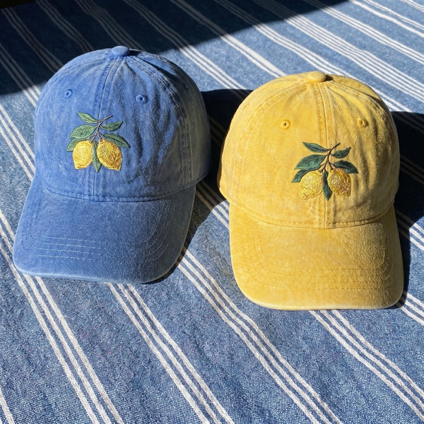 Lemon Embroidered Hat, Italian Summer Washed Cotton Baseball Cap, Coastal Vacation Gift