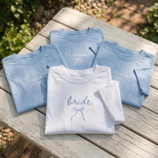 Custom Bride Bow Embroidered Shirt, Minimalist Bridesmaid Bridal Party Tee