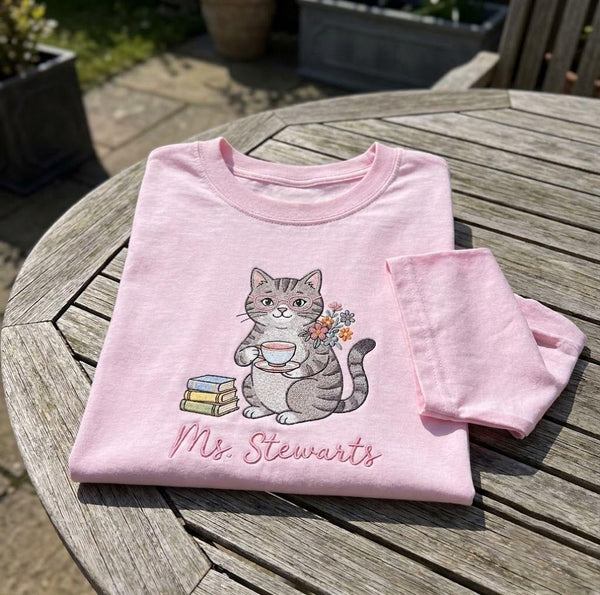 Custom Cat Teacher Shirt, Embroidered Bookworm Cute Back to School Personalized Tee