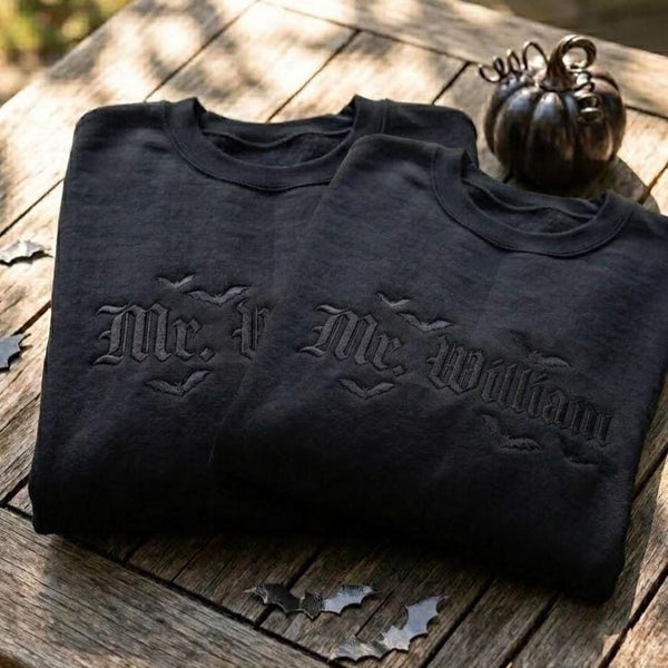 Custom Gothic Name Sweatshirt, Personalized Bat Embroidery Halloween Spooky Crewneck