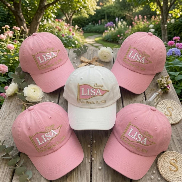 Custom Camp Pennant Embroidered Hat, Personalized Bachelorette Party Baseball Cap, Girls Trip Gift