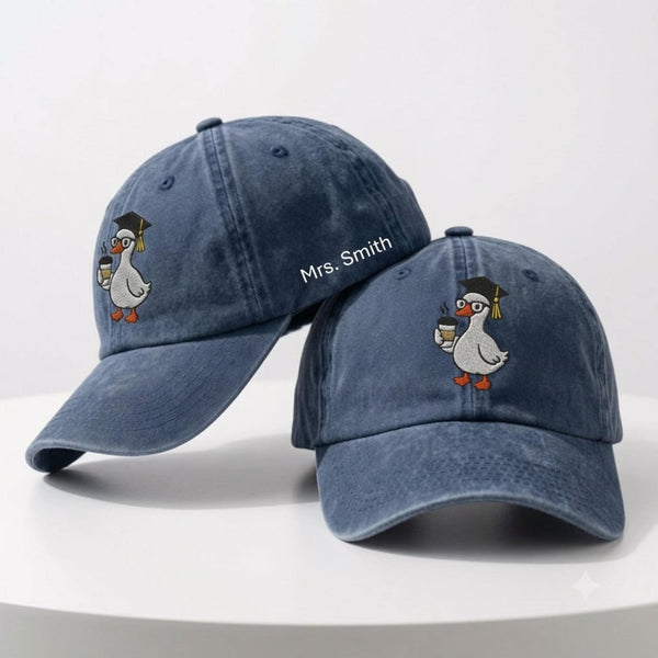 Graduation Goose Embroidered Hat, Cute Teacher Coffee Baseball Cap, Educator Gift