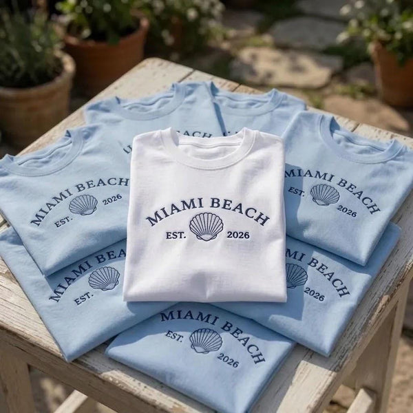Custom Beach Shirt, Personalized Miami Beach Tee, Est 2026 Matching Shirts, Coastal Seashell Graphic Tee, Family Vacation Apparel Gift