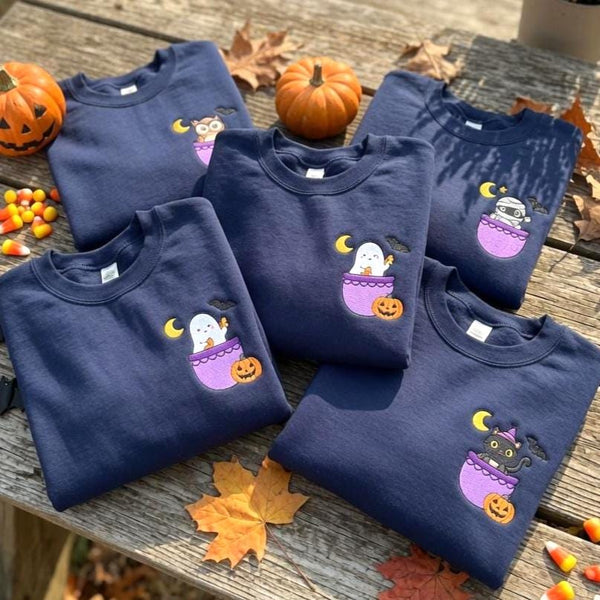 Custom Halloween Embroidered Sweatshirt, Spooky Ghost Cauldron Witchy Black Cat Crewneck