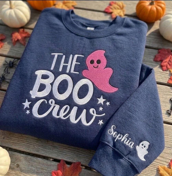 Custom The Boo Crew Sweatshirt, Cute Pink Ghost Embroidered Sleeve Name Crewneck