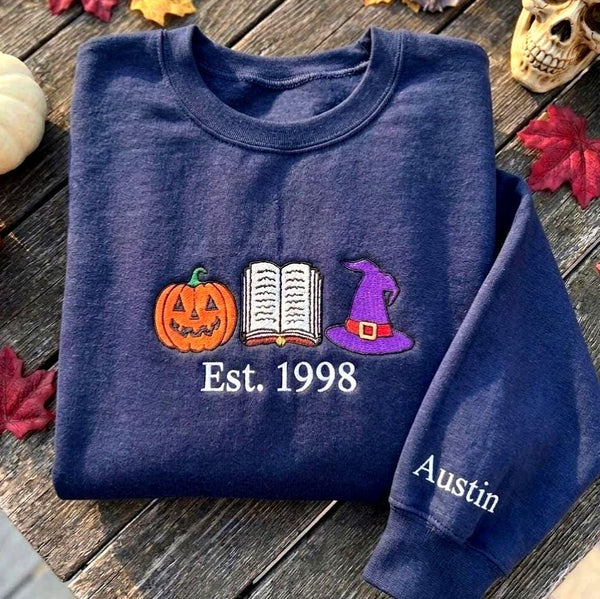 Custom Halloween Bookish Sweatshirt, Pumpkin Witch Hat Book Lover Sleeve Name Crewneck