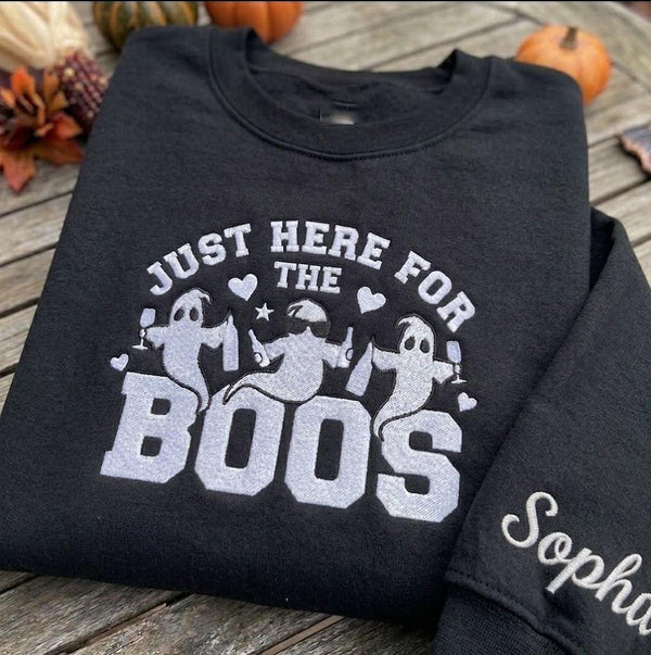 Custom Just Here For The Boos Sweatshirt, Funny Drinking Ghost Sleeve Name Crewneck