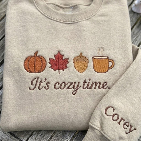 Custom It's Cozy Time Sweatshirt, Embroidered Fall Autumn Leaves Sleeve Name Crewneck