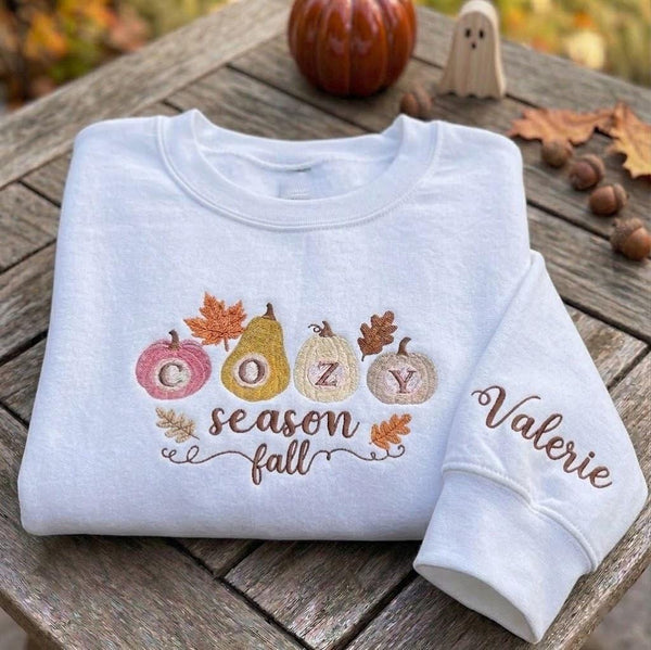 Custom Cozy Season Sweatshirt, Embroidered Pastel Pumpkin Sleeve Autumn Leaves Crewneck