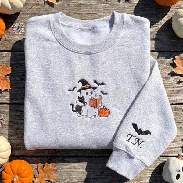 Custom Reading Ghost Embroidered Sweatshirt, Halloween Bookish Cat Sleeve Initial Crewneck
