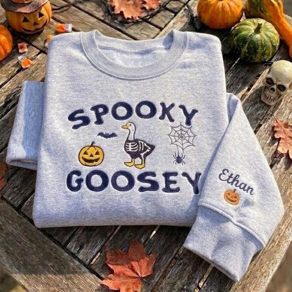 Custom Spooky Goosey Sweatshirt, Embroidered Halloween Skeleton Goose Duck Crewneck