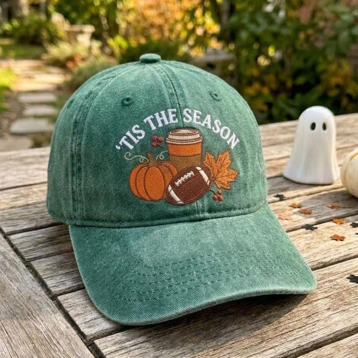 Tis the Season Embroidered Hat, Autumn Football Pumpkin Dad Cap - Image 1