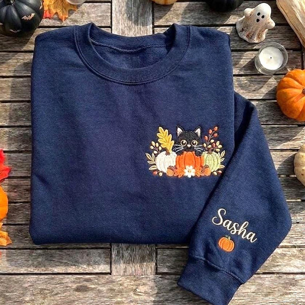Custom Halloween Cat Mom Sweatshirt, Black Cat Pumpkin Embroidered Sleeve Name Crewneck