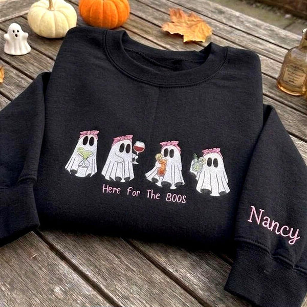 Custom Here For The Boos Sweatshirt, Halloween Drinking Ghost Sleeve Name Crewneck