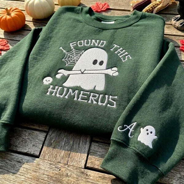 Custom I Found This Humerus Sweatshirt, Funny Ghost Skeleton Bone Sleeve Name Crewneck