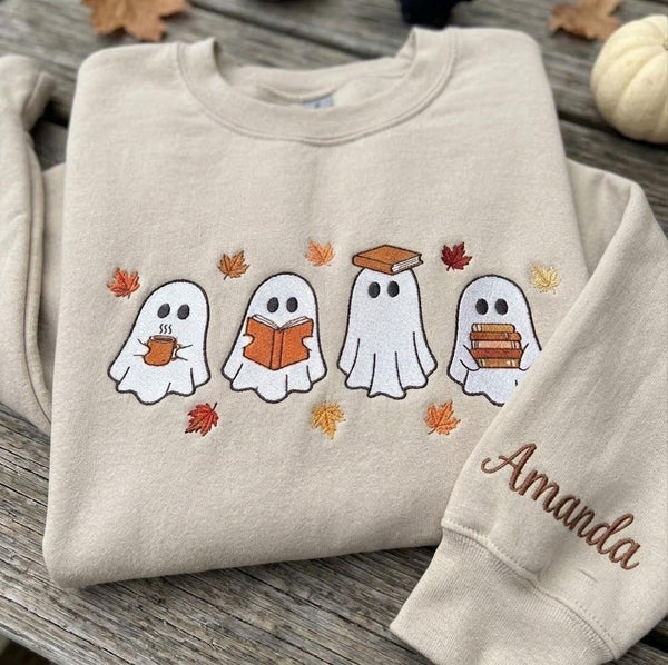 Custom Reading Ghost Embroidered Sweatshirt, Halloween Book Lover Coffee Sleeve Crewneck