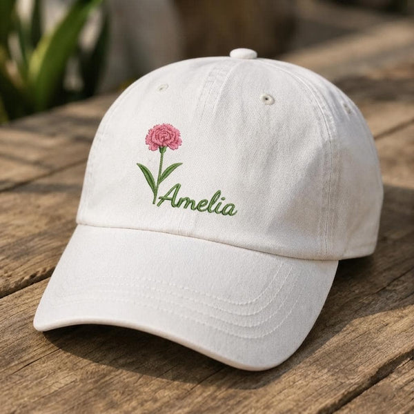 Personalized Birth Flower Embroidered Hat, Custom Name Floral Baseball Cap, Birthday Month Gift