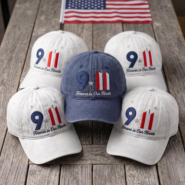 9/11 Memorial Embroidered Hat, Forever In Our Hearts Baseball Cap, Patriotic Tribute Headwear, Remembrance Gift, Never Forget Accessory