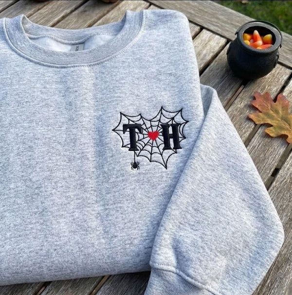 Custom Spider Web Heart Initials Sweatshirt, Embroidered Halloween Couple Crewneck