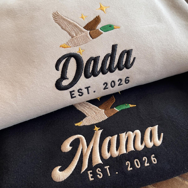 Mama Dada Flying Duck Embroidered Sweatshirt, Custom Est 2026 Mallard Couple Crewneck
