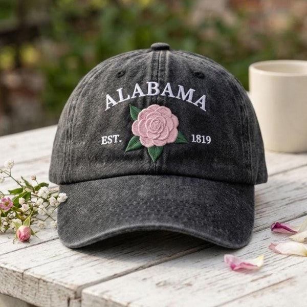 Alabama Camellia Flower Embroidered Hat, Vintage Floral Baseball Cap, Southern Travel Gift