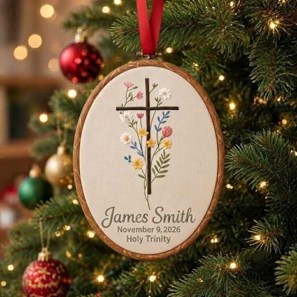 Personalized Name Baptism Botanical Cross Embroidered Ornament, Religious Christening Holiday Tree Decor, Custom Keepsake Gift