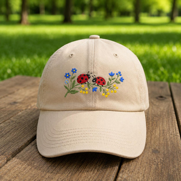 Ladybug Floral Embroidered Hat, Minimalist Garden Insect Baseball Cap, Nature Lover Gift