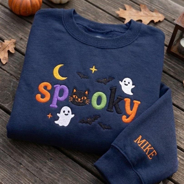 Custom Spooky Embroidered Sweatshirt, Halloween Black Cat Ghost Sleeve Name Crewneck