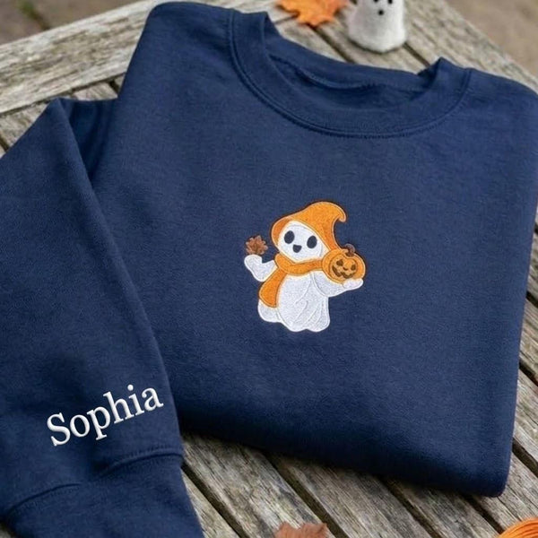 Custom Cozy Ghost Embroidered Sweatshirt, Cute Pumpkin Scarf Ghost Sleeve Crewneck