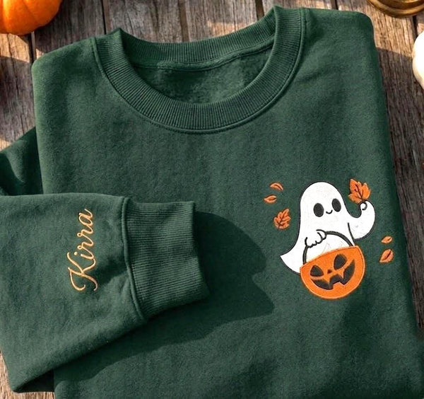 Custom Trick Or Treat Ghost Sweatshirt, Halloween Pumpkin Leaves Sleeve Name Crewneck