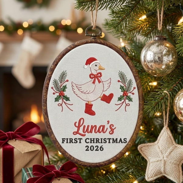Custom Name Christmas Ornament, Baby 1st Xmas Gift 2026, Embroidered Goose Boots Hoop Decor, Oval Frame Farmhouse Tree Keepsake Ornament