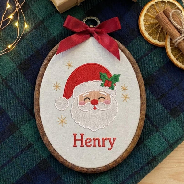Santa Christmas Ornament 2026, Embroidered Hoop Santa Claus Decor, Custom Name Keepsake, Baby Kids Holiday Tree Hanging